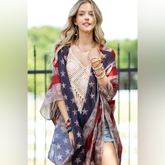 Ruggine American Flag Print 4th July Sheer Kimono Side Slits One Size - Picture 9 of 10